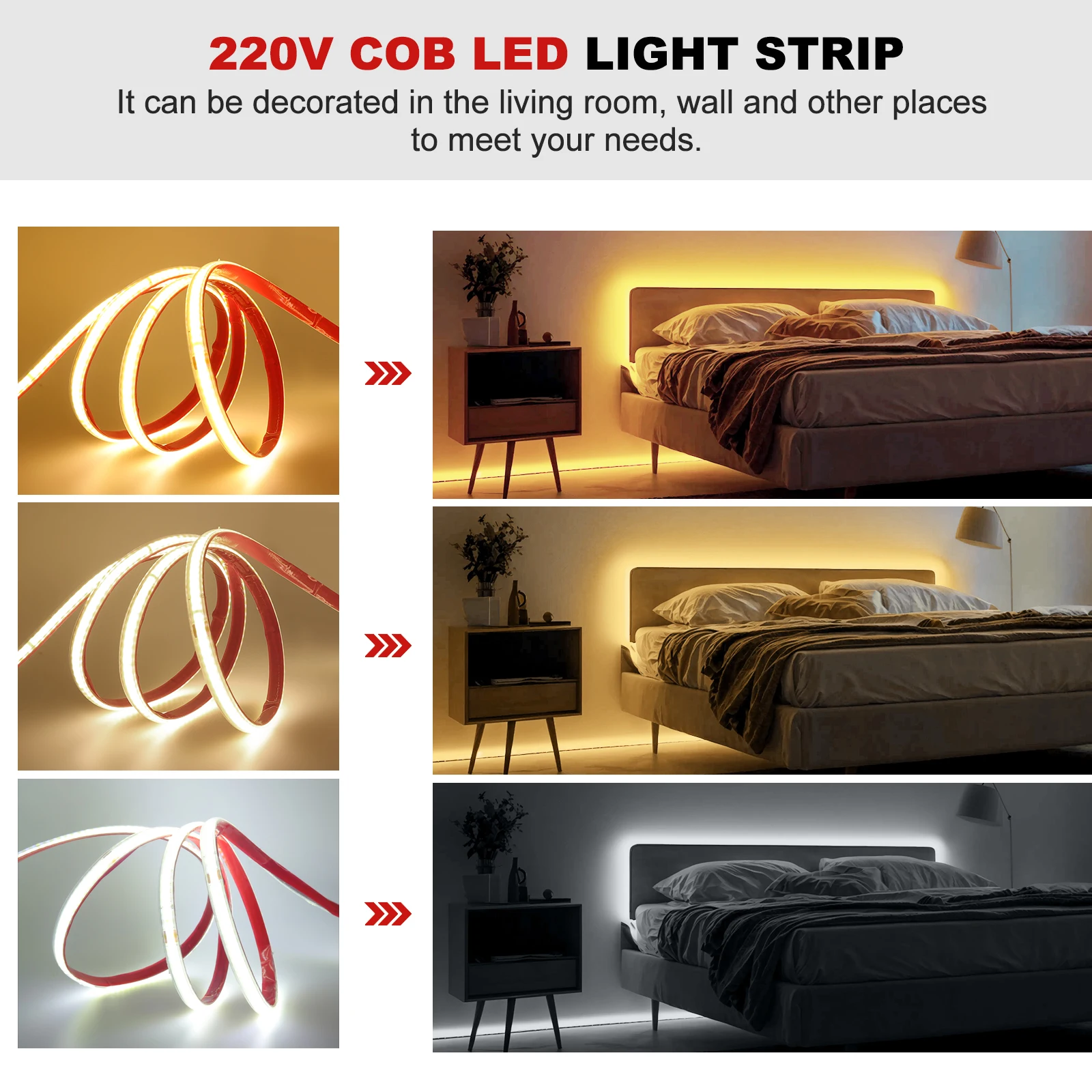AC 220 V COB Strip 240 Leds/M IP65 Waterdicht 3000 K 4000 K 6000 K Flexibele Lint Touw LED Licht 10 CM Cut Zelfklevende Diode Tape