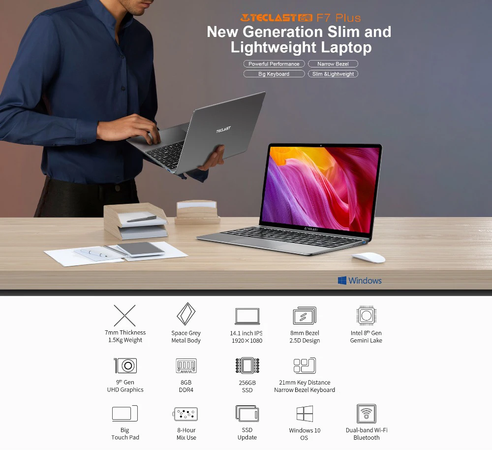 TECLAST Portátil F7 Plus, 14,1 pulgadas, Celeron N4100, 8GB GB RAM y SSD 256GB, Windows 10, pantalla FHD 1920x1080 IPS, UHD 600 GPU
