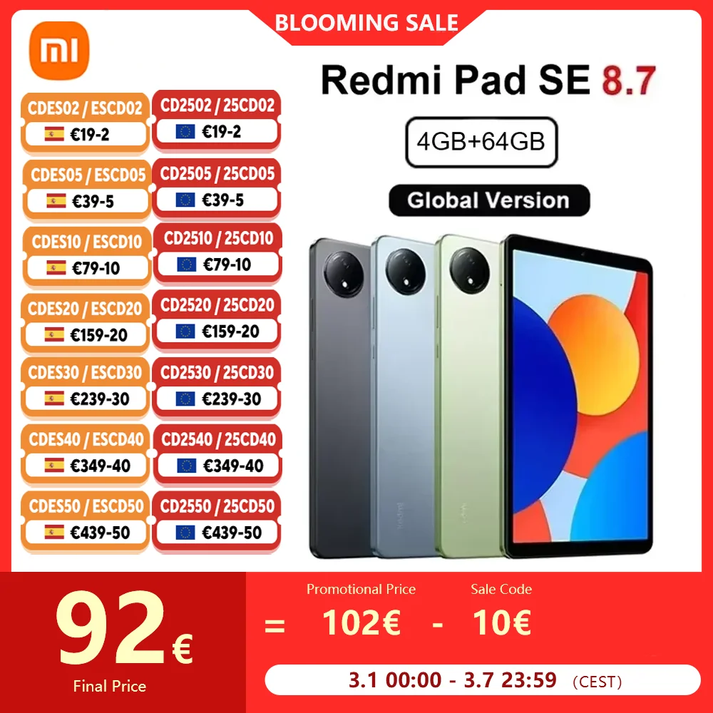 Xiaomi-Tableta Redmi Pad SE versión Global, pantalla de 8,7 pulgadas, 90Hz, 4GB, 64GB, Helio G85 MTK, ocho núcleos, cámara de 8MP, 18W, 6650mA
