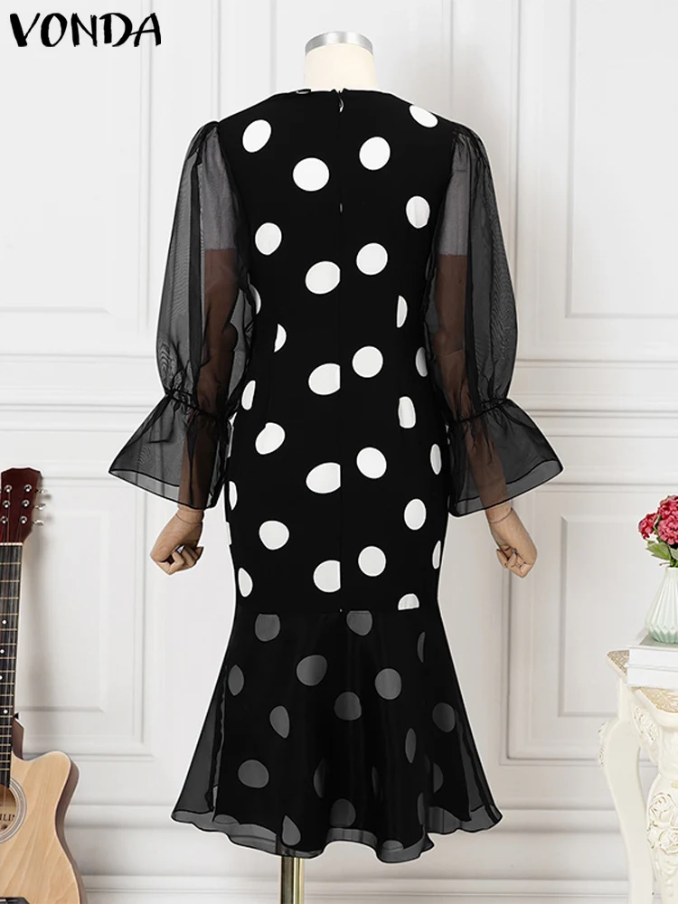 Plus Größe VONDA Frauen Abend Party Midi Kleid Casual Langarm Robe Oansatz Polka Dots Elegante Spitze Patchwork Böhmischen Vestido