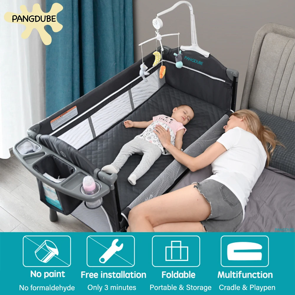 PANGDUBE Berceau pliable 4 en 1 pour bébé de 0 à 3 ans, lit multifonctionnel avec bascule, Table à langer pour bébé, parc pour bébé, assemblage gratuit