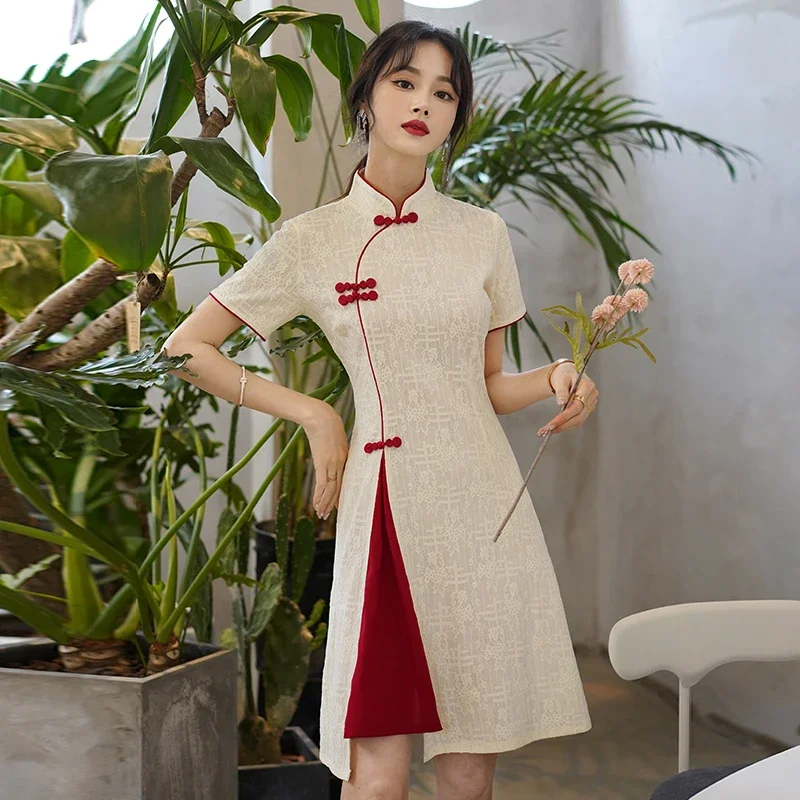 빈티지 중국어 번체 캐주얼 파티 여성 Qipao 드레스 여름 스탠드 칼라 짧은 소매 Cheongsam CNY