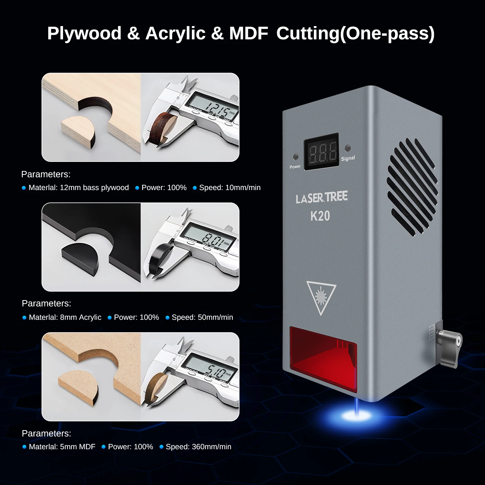 LASER TREE K20 20W Optical Power Laser Head with Air Assist TTL Blue Light Module for Laser Machine Cutting Engraving DIY Tools