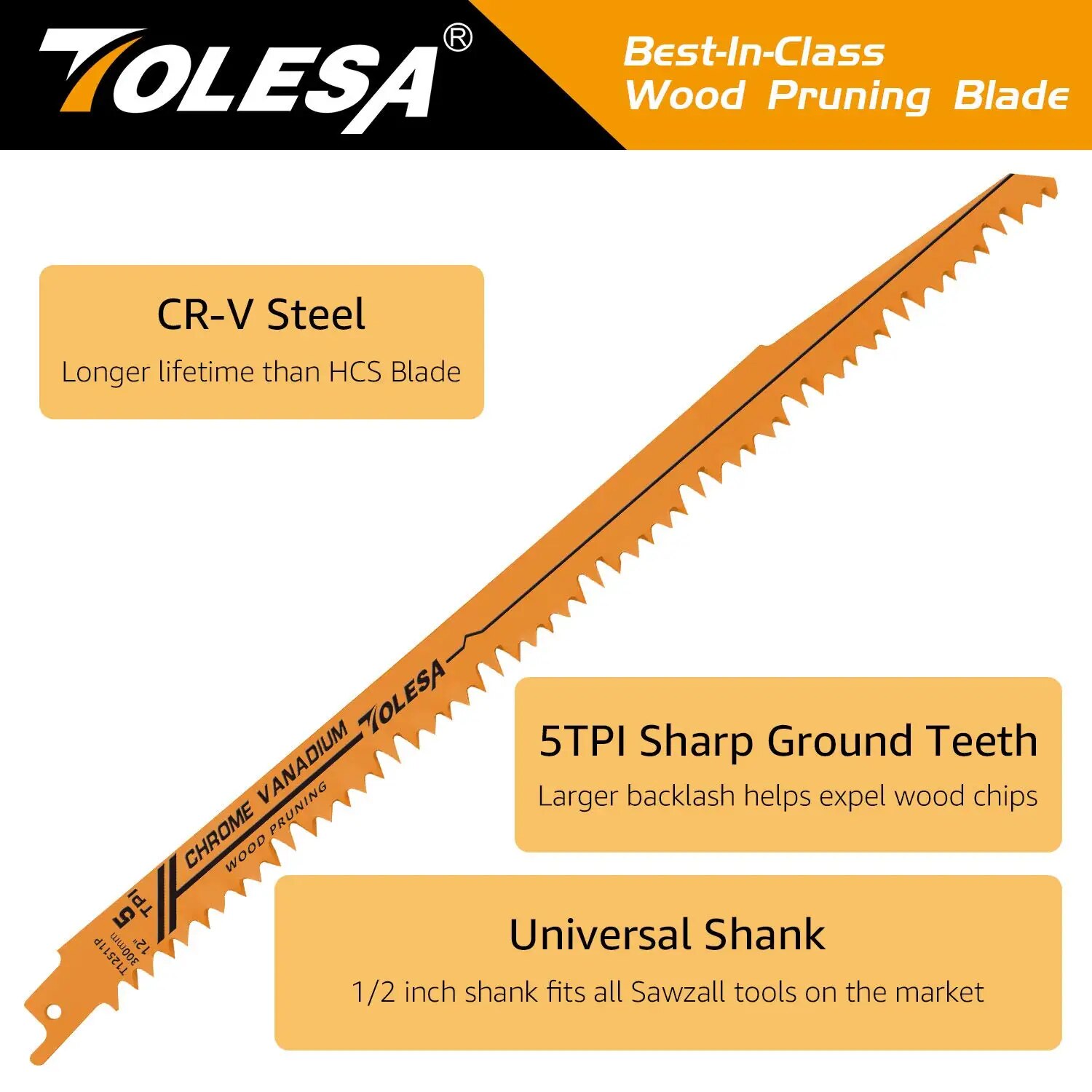 TOLESA 5 peças 300mm 5TPI lâminas de serra alternativas para poda de madeira e corte de tubos de PVC CRV ferramentas de lâminas de serra de dentes afiados