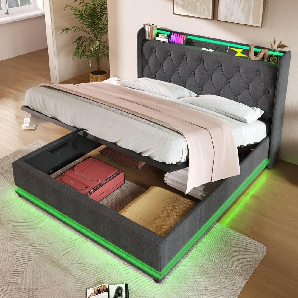Queen Size Bed Frame with Storage, 360 Surround LED Lights, Buttons, App or Remote Control, Upholstered Headboard Linen Platform