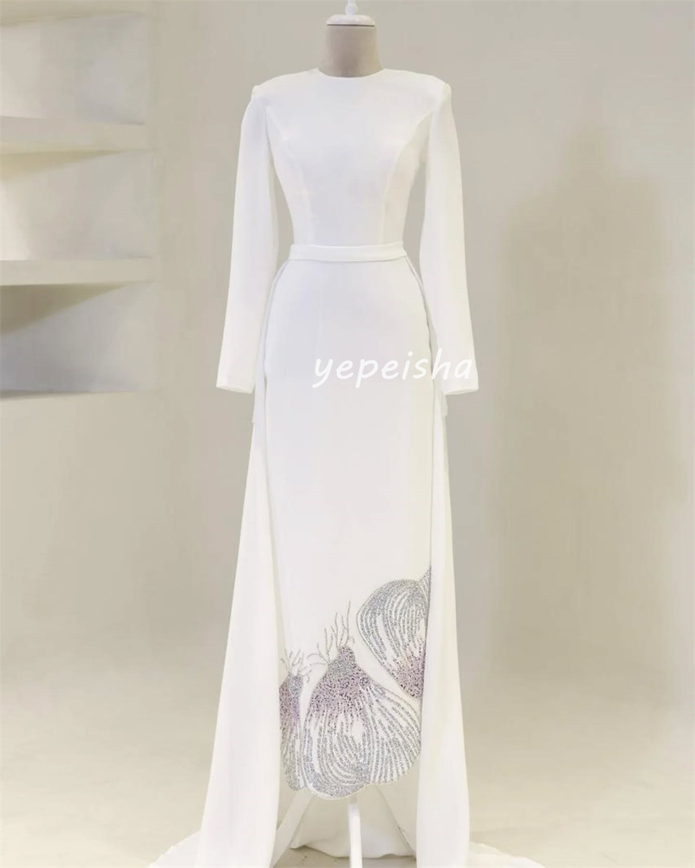 Maßgeschneiderte, komplizierte, glitzernde Jersey-Perlen, Pailletten, Schärpe, gerader U-Ausschnitt, lange Kleider, maßgeschneiderte Anlasskleider, Retro-Unisex