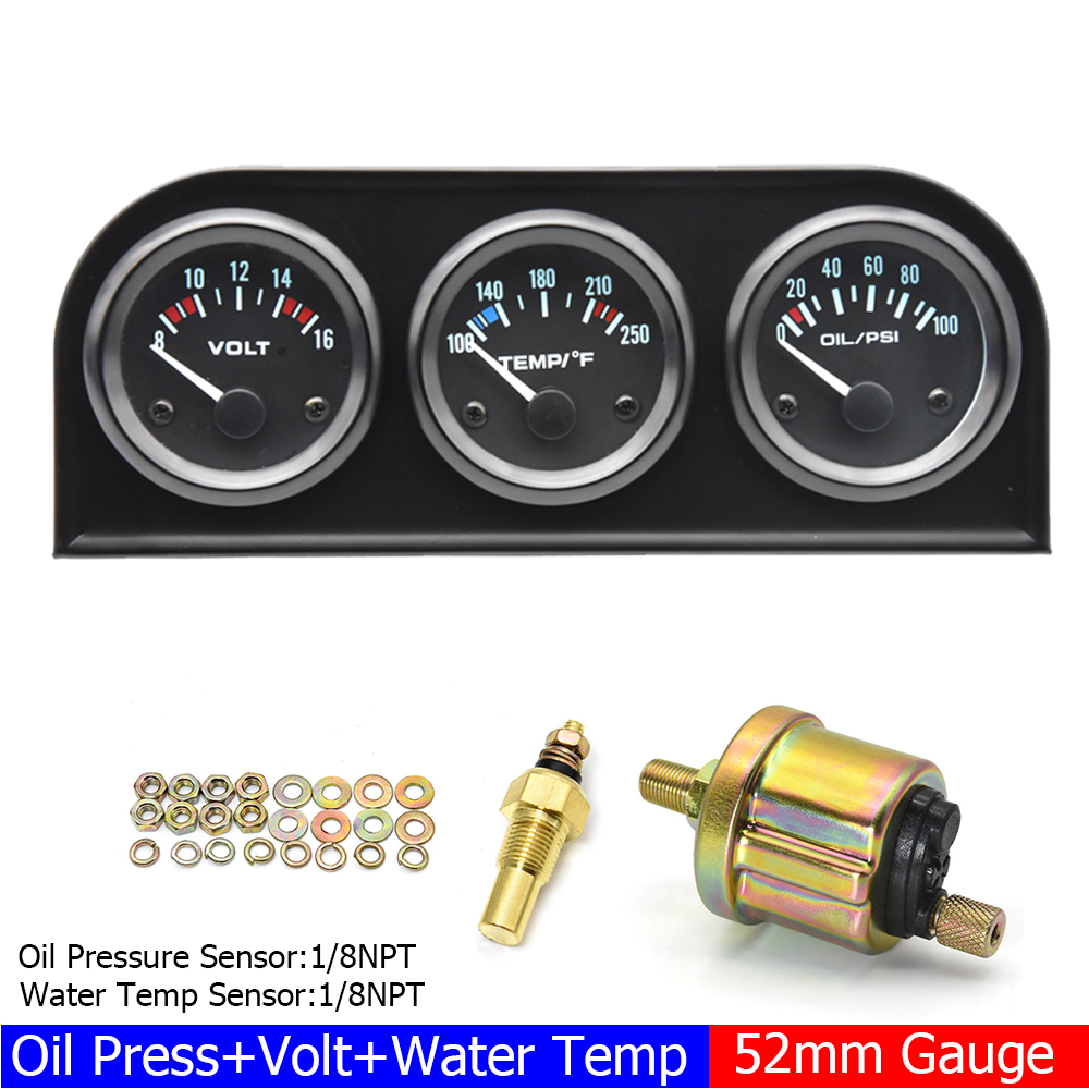 2 "52mm medidor triplo 3 em 1 medidor de temperatura da água medidor de pressão de óleo com sensor 1/8 npt tensão para carro de corrida