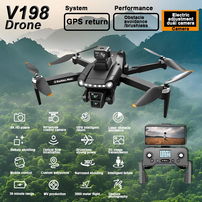 V198GPS Drone 8K cámara Profesional HD ESC sin escobillas evitación de obstáculos aéreo óptico plegable Quadcopter Mini Dron