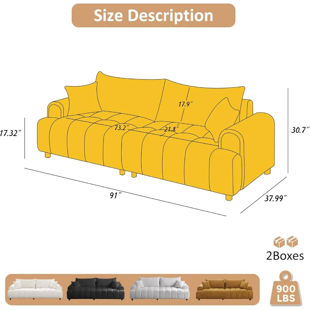 91" Comfy Tufted Upholstered Cloud Couches, Modern 3 Seater Sofa with Pillows, Oversized Deep Seat Sherpa Couch