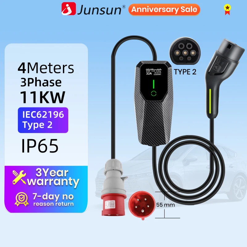 Junsun-cargador ev para coche, dispositivo de carga rápida tipo 2, IP65, 7kw, 32A, 3,5kw, 16A, 3 fases, 11KW, 16A, 22KW, 32A cargador coche dispositivos eléctricos de coche tipo 2 cargador cable carga coche tipo 2