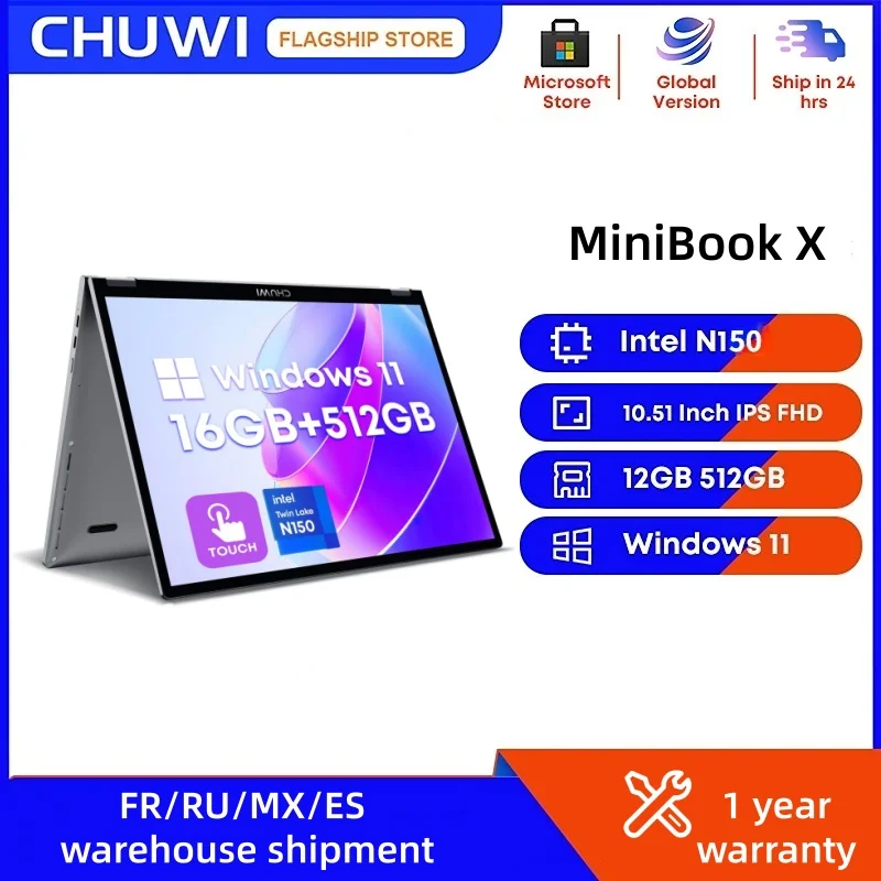 CHUWI MiniBook X Intel N150 10,51 дюймов 2-в-1 планшетный ноутбук 12 ГБ LPDDR5 512G SSD Windows 11 ноутбуки Мини-ноутбук 2K FHD WiFii 6