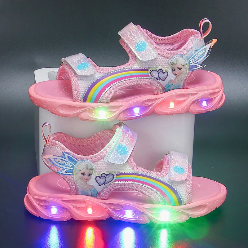 Sandálias Princesa Elsa das meninas da Disney com luzes LED, sapatos de praia infantis, rosa, roxo, crianças, bebê, verão, tamanhos 22-37