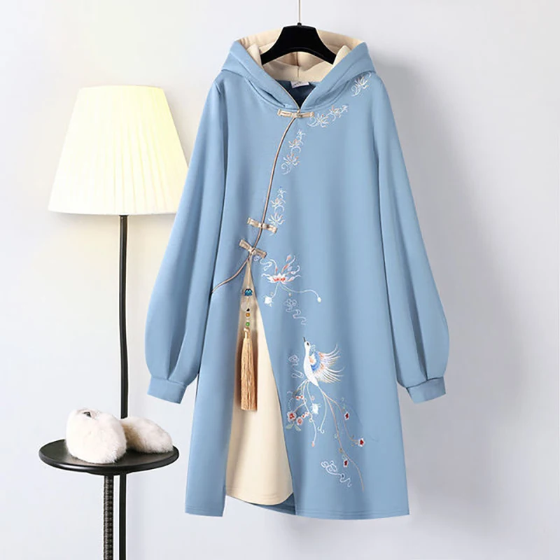 Nữ Mùa Đông Trung Quốc Phong Cách Áo Khoác Áo Đầm Hanfu Dài Tay Thêu Dày Sườn Xám Plus Kích Thước 4XL Vestidos