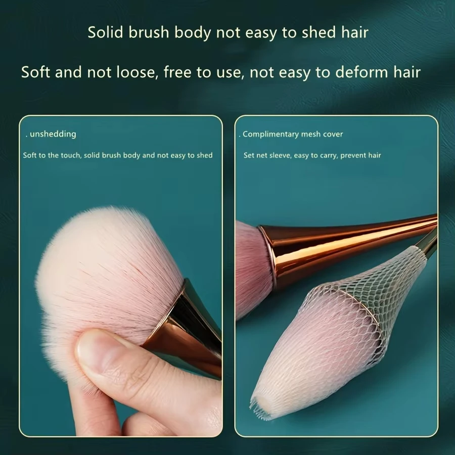 Brocha de maquillaje de abanico dorado rosa, brocha cosmética, brocha para polvos sueltos, brocha para resaltar, brocha para colorete, fijación de maquillaje de cabello suave