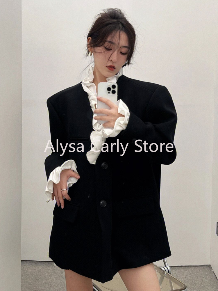 Blazer informal de diseño elegante para mujer, abrigo cálido de moda con borde de hongo, ropa de calle Vintage, ropa de abrigo de invierno, nuevo