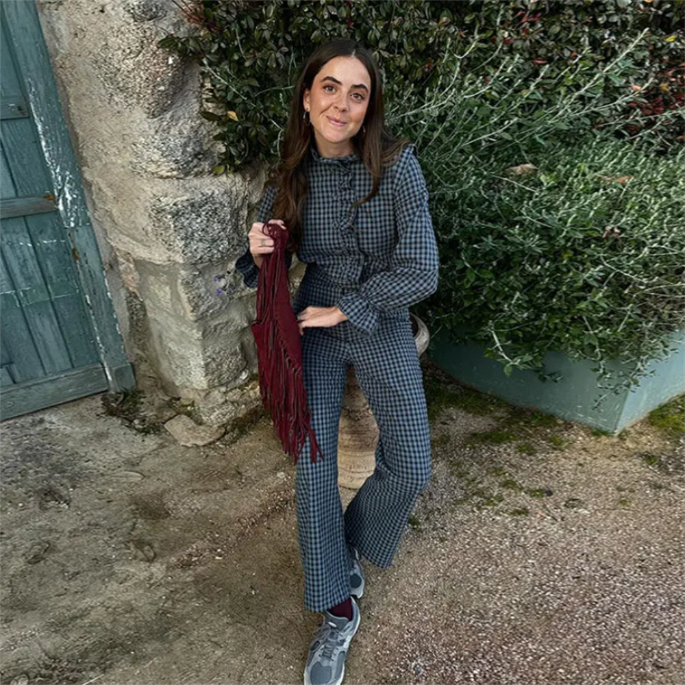 PB&ZA 2024 Primavera Nuove Donne Moda temperamento casual versatile manica a palloncino plaid tuta lunga