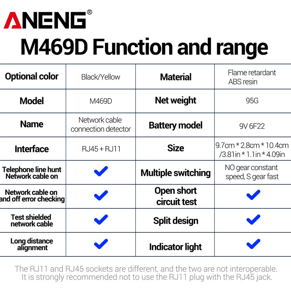 ANENG M469D สาย LAN เครื่องทดสอบเครื่องทดสอบสายเคเบิลเครือข่าย RJ45 RJ11 RJ12 CAT5 UTP LAN เครื่องทดสอบสายเคเบิลเครือข่ายเครื่องมือเครือข่ายซ่อม