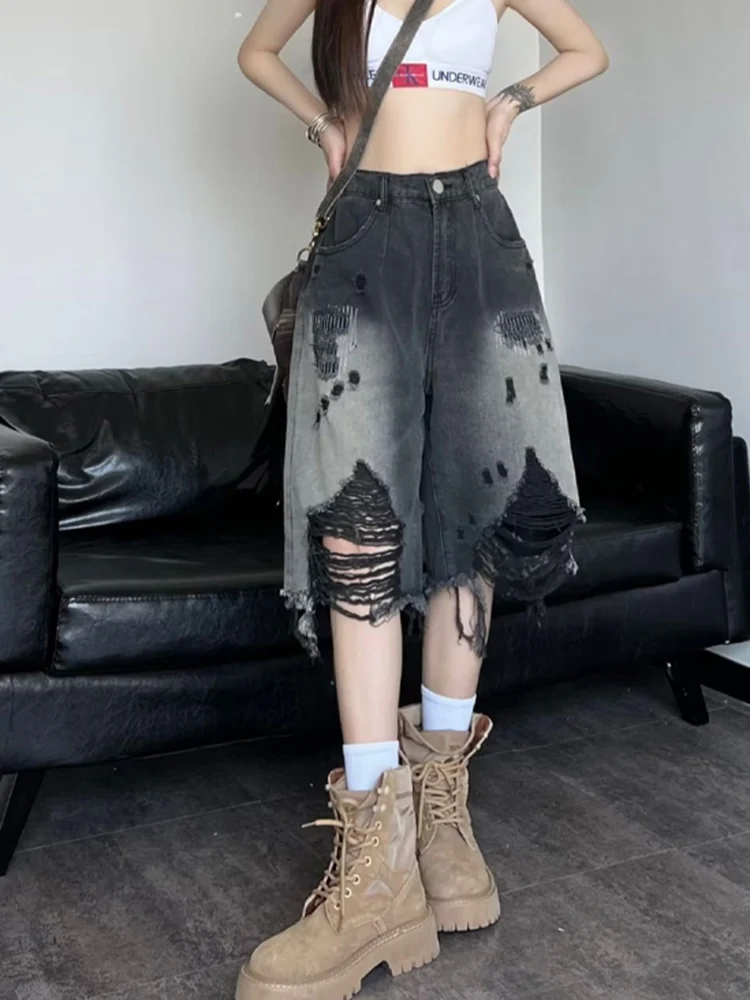 Zoki 原宿穴 Y2K デニムショーツ女性ストリートヴィンテージグラデーションジーンズショーツアメリカンレトロ Bf ヒップホップデザインショーツ新
