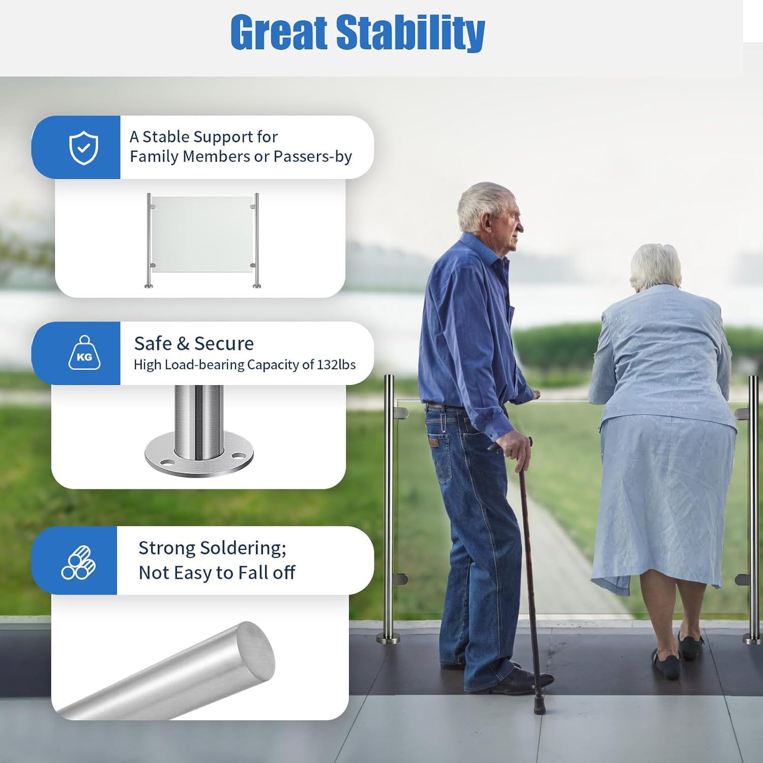 Postes de balaustrada de aço inoxidável de 110cm, escadas redondas, poste de trilhos de vidro com braçadeiras de vidro, cerca de jardim, adequado para vidro de 8-12mm