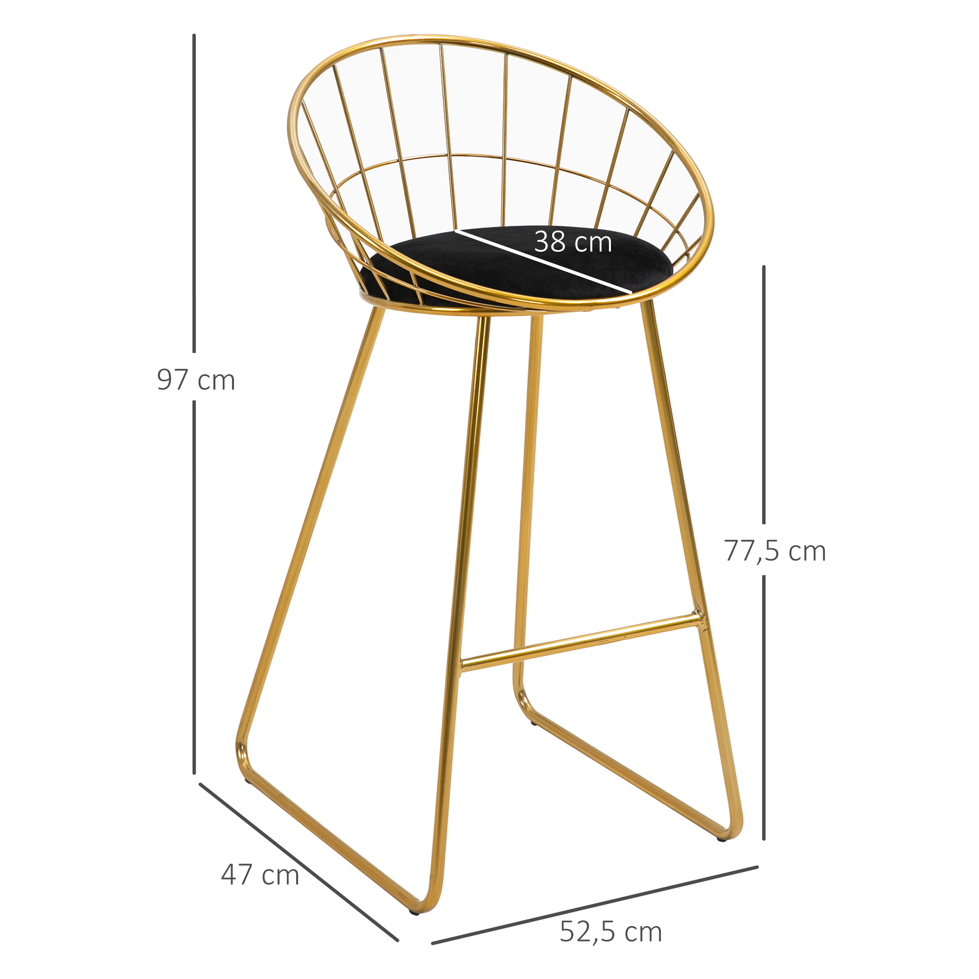 HOMCOM Juego de 2 Taburetes Altos de Cocina Asiento de Tela 52,5x47x97 cm Dorado