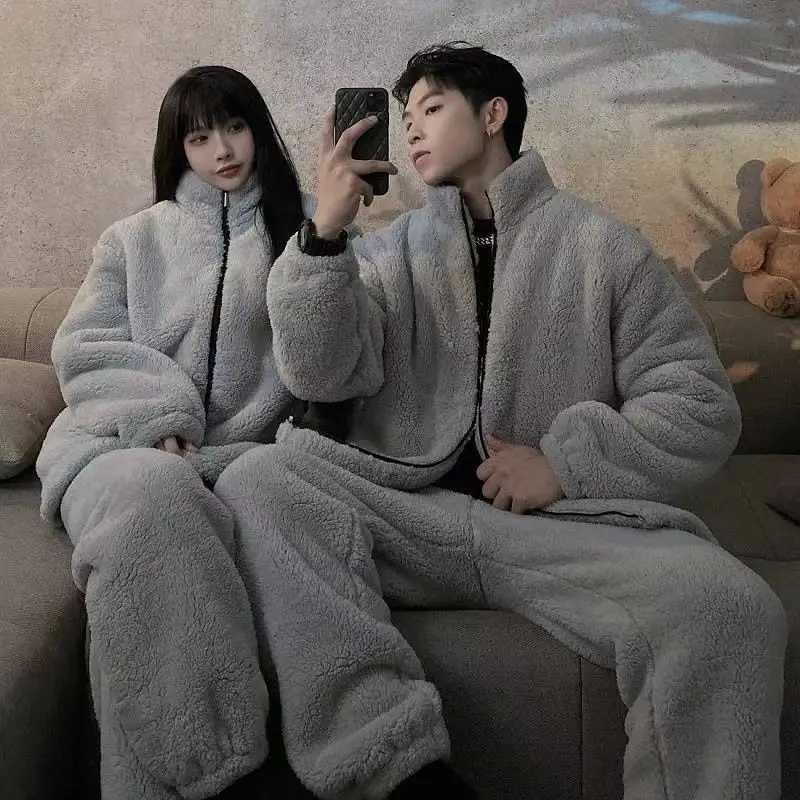 Nuevo pijama de invierno de lana cálido para hombre, cárdigan de cuello redondo, conjunto de 2 piezas, conjuntos de pijamas de Color sólido a la moda para hombre