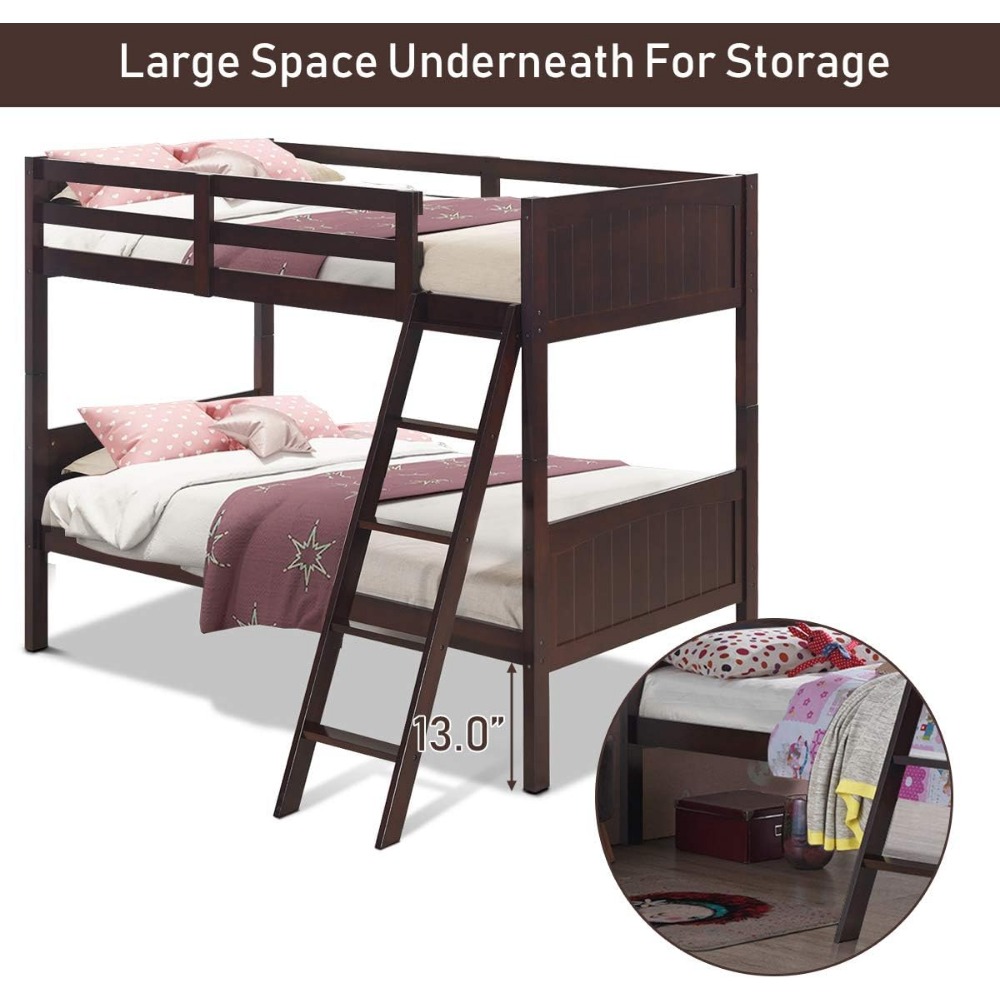 Bunk Beds Convertible 2 Individual Twin Beds, Solid Rubberwood Bunk Bed with Ladder and Safety Rail, Children Bed