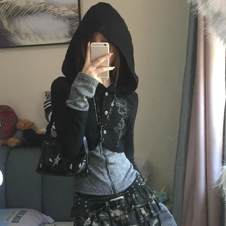 Punk Vintage Patchwork Sudadera con capucha suéteres Y2k Slim Fit manga larga Tops tejidos Mujer 2025 otoño nuevo cárdigan abrigo sudaderas