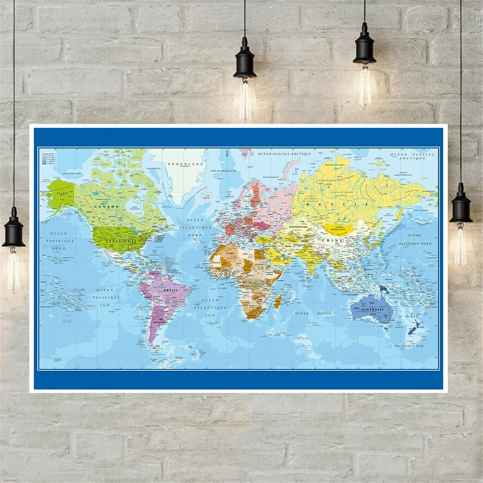 Mapa del mundo en idioma francés, póster de pared, pintura de vinilo no tejido, suministros escolares de oficina, decoración del hogar, 120x80cm