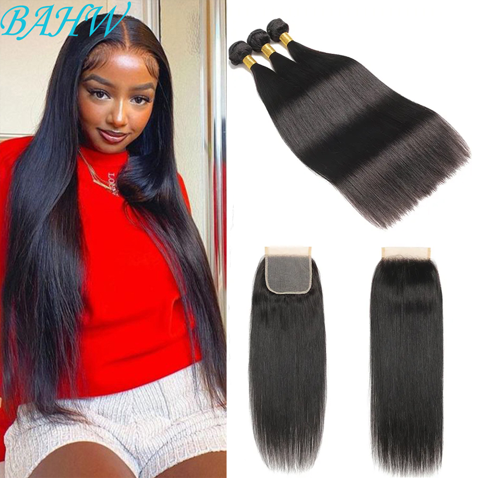 Osso brasileiro em linha reta pacotes de cabelo humano com fechamento do laço 4x4 100% tecer cabelo cru cor natural 13x4 laço frontal cabelo virgem