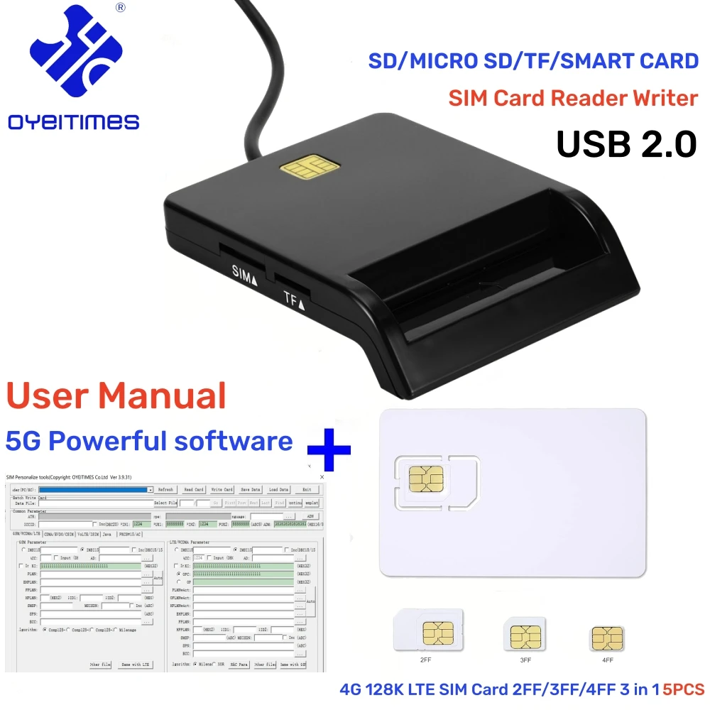 OYEITIMES Leitor de Cartão SIM Escritor + 5PCS 2FF/3FF/4FF Programável 4G LTE USIM USIM Cartão WCDMA GSM USIM + SIM Personalize Ferramentas