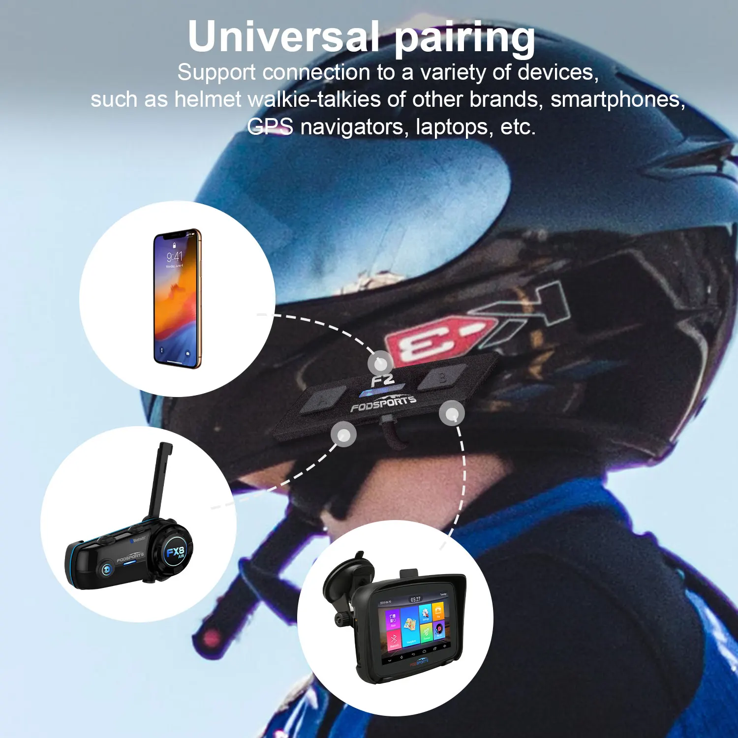 Fodsports-intercomunicador F2 para casco de motocicleta, auriculares Bluetooth 1000M, interfono tipo C, USB, instrucción de voz