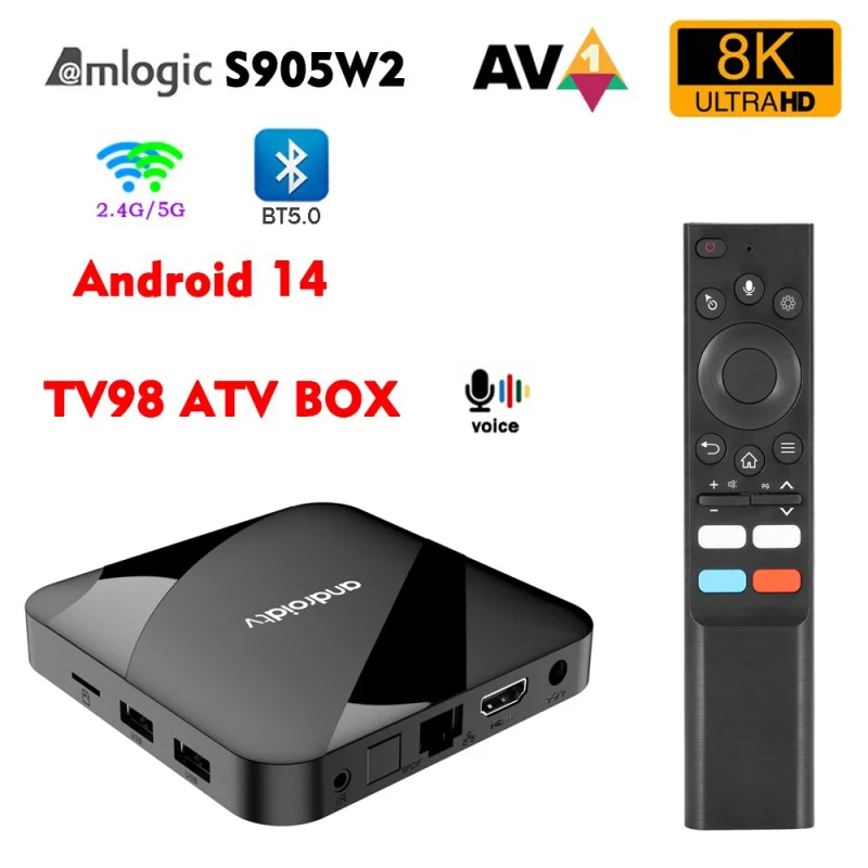 Tv98 ATV W2 thông minh TV Hộp Android 14 HD 8K 4K Amlogic s905w2 bt5.0 kép Wifi 4G 5G IPTV Set Top Box Điều khiển bằng giọng nói tv98 ATV TV hộp