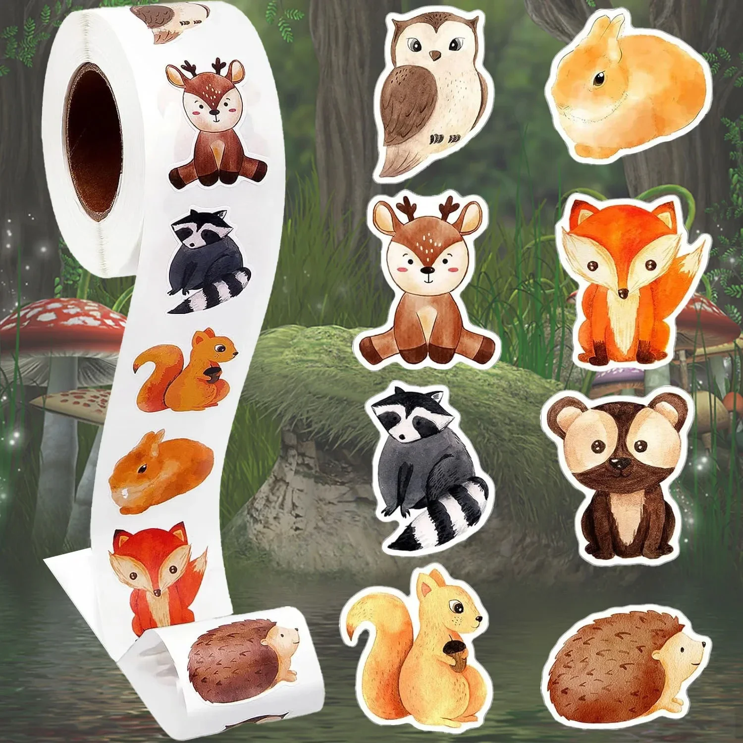 500 pz/rotolo adesivi animali della foresta eterotipica 2.5 cm/1.0 '' etichette artistiche premi di apprendimento, adornano regali per tazza d'acqua telefono PC Pad