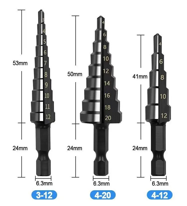 Punta da trapano a gradino con scanalatura dritta da 3 pezzi 3-12mm 4-12mm 4-20mm 4-32mm Set di strumenti per forare fori in legno e metallo