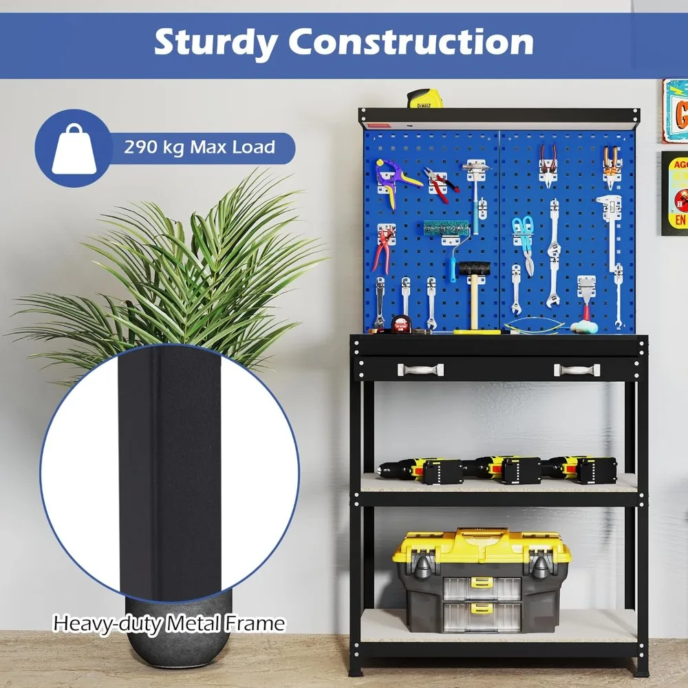 Workbench with Pegboards, 290kg with 4 Shelves 19 Hanging Accessories & Robust Metal Frame 81 X 41 X 156 Cm, Workbenches