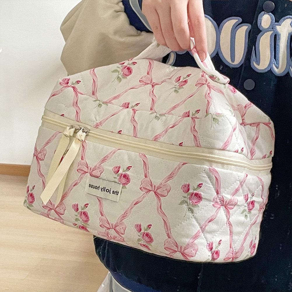 Bonito arco flor acolchoado algodão saco de maquiagem feminino zíper organizador cosmético feminino pano bolsa portátil caso de higiene pessoal para meninas