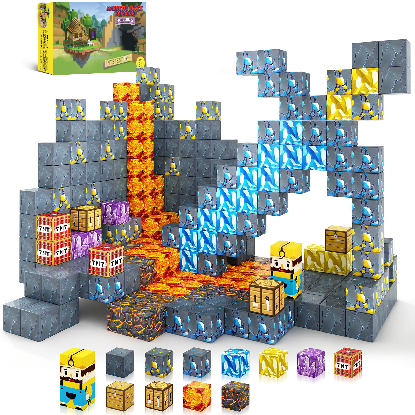 72 Stück magnetische Blöcke – Build Mine Magnet World Edition Schwerthöhlen Magnet Kleinkind Spielzeug für Kinder ab 3 Jahren, Montessori Kinderspielzeug
