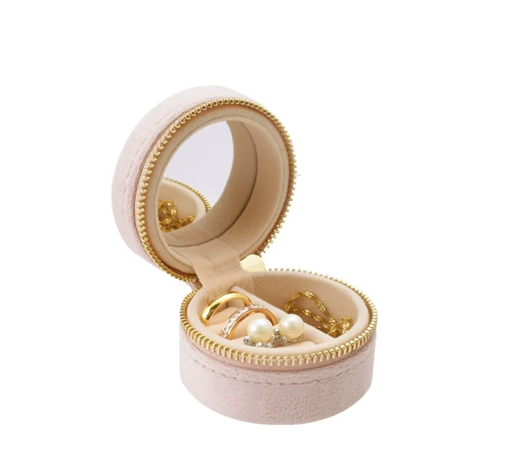 Caixa de armazenamento de joias portátil com zíper de veludo verde escuro