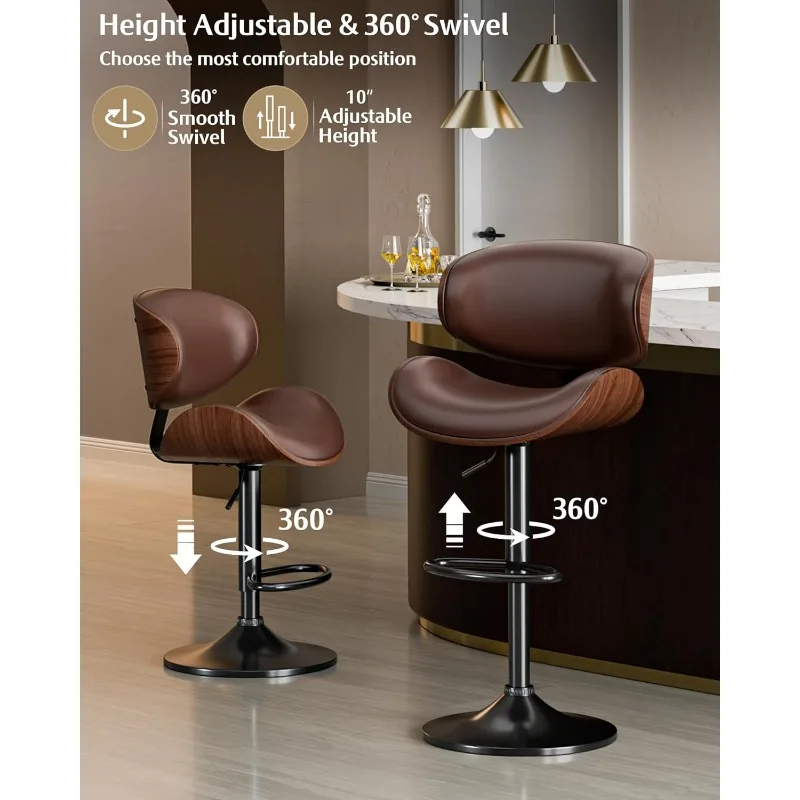 Bar Stools Set of 2, Adjustable Swivel Leather Bar Stools for Kitchen Island, Mid Century Modern Counter Height Bar Chairs
