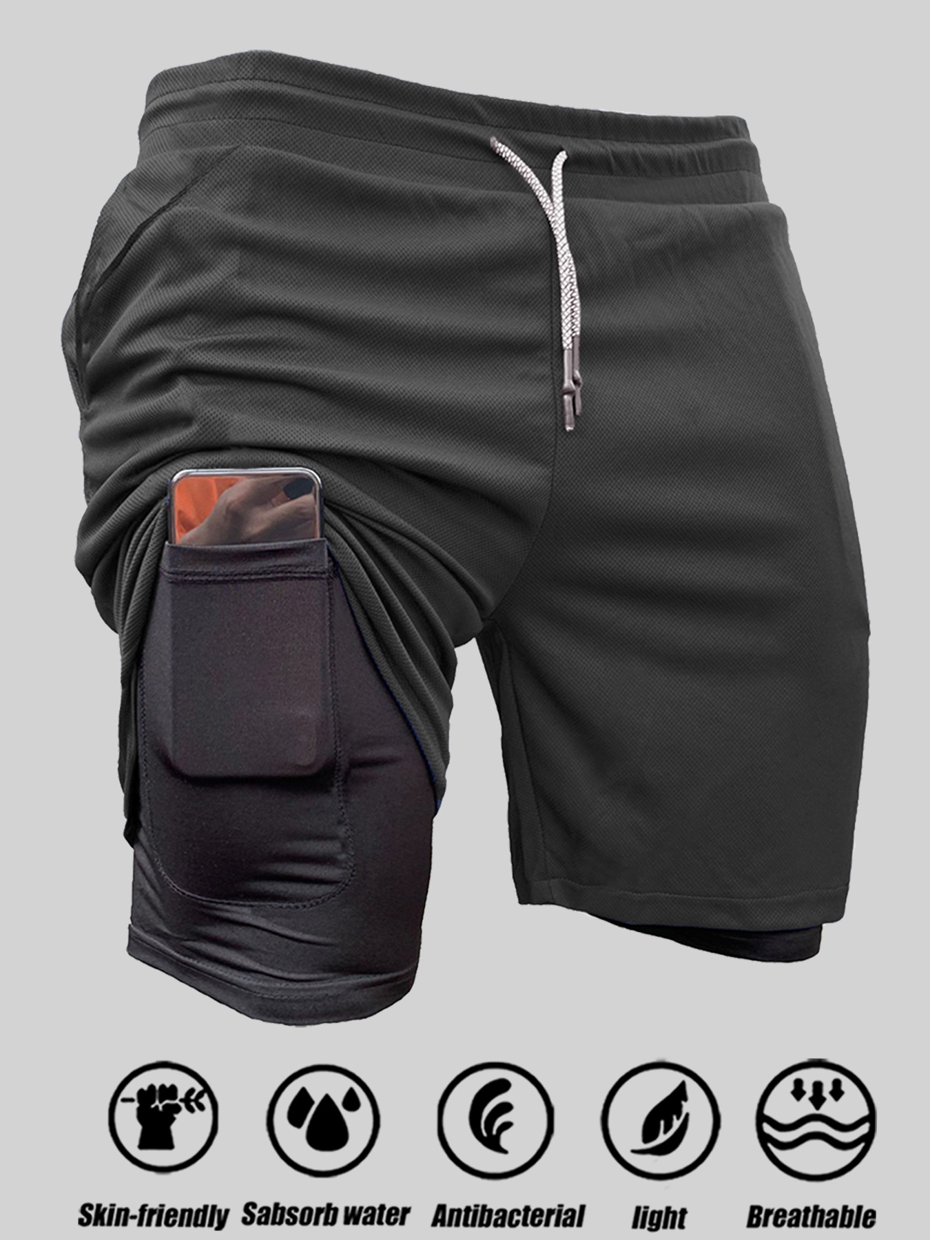 Sportshorts voor heren, dubbellaags, 2-in-1, sneldrogend, ademend, casual shorts, zomertraining, hardloopsportkleding, korte broek