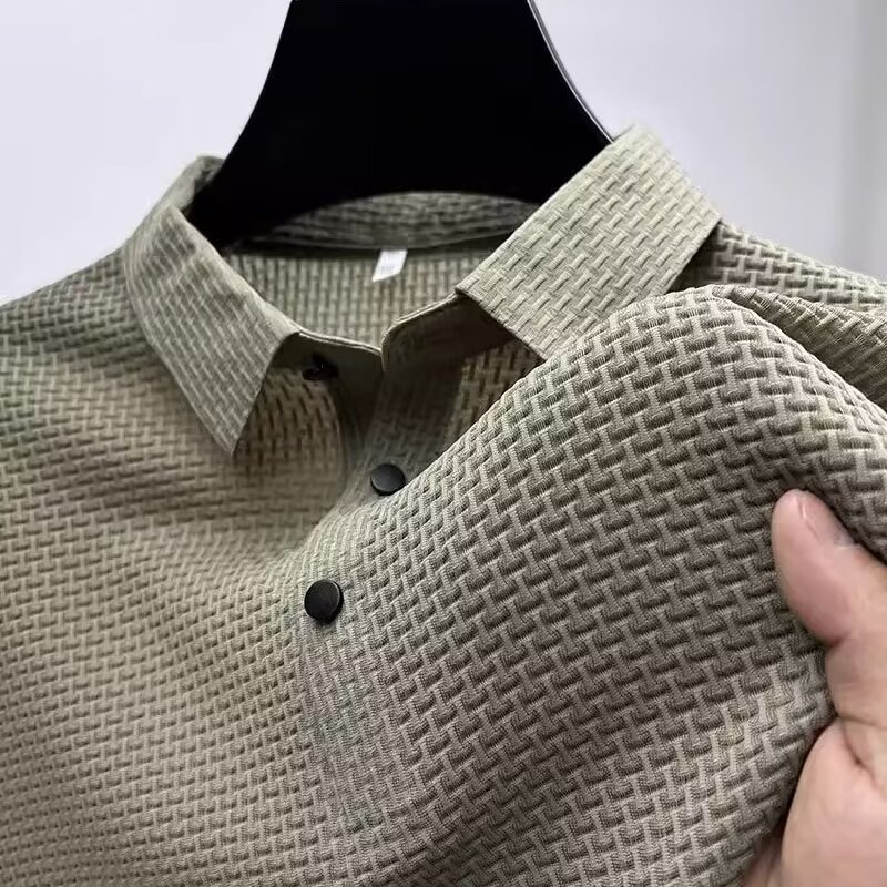 T-shirt polo a maniche corte cava Lop-up da uomo nuova estate T-shirt moda business traspirante in seta di ghiaccio Abbigliamento di marca maschile