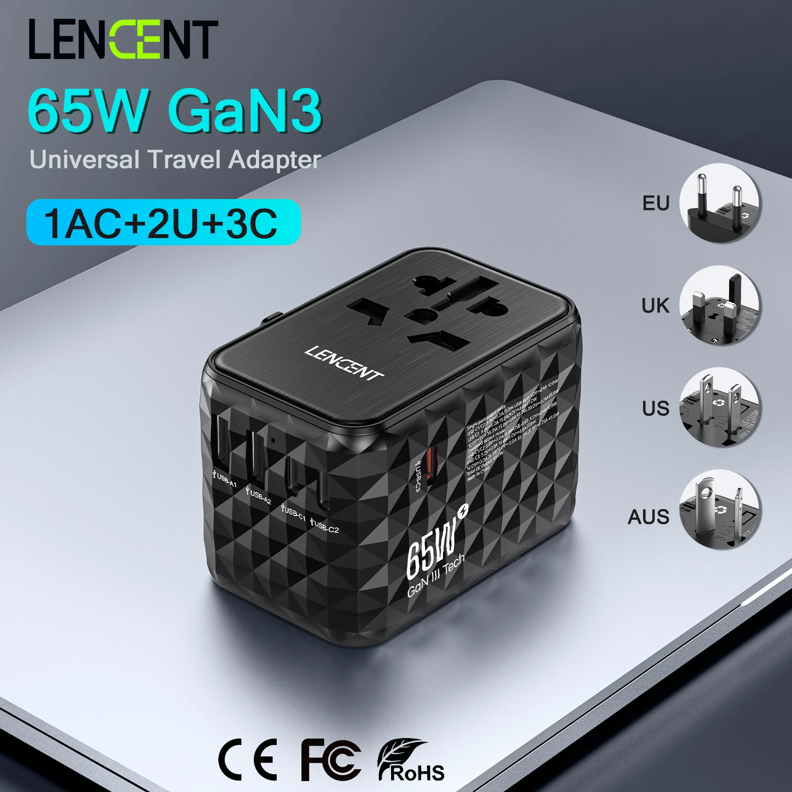 LENCENT Adaptador de viaje universal GaN de 65 W con 2 USB 3 tipo C Cargador de viaje todo en uno de carga rápida UE/REINO UNIDO/EE. UU./AUS para viajes