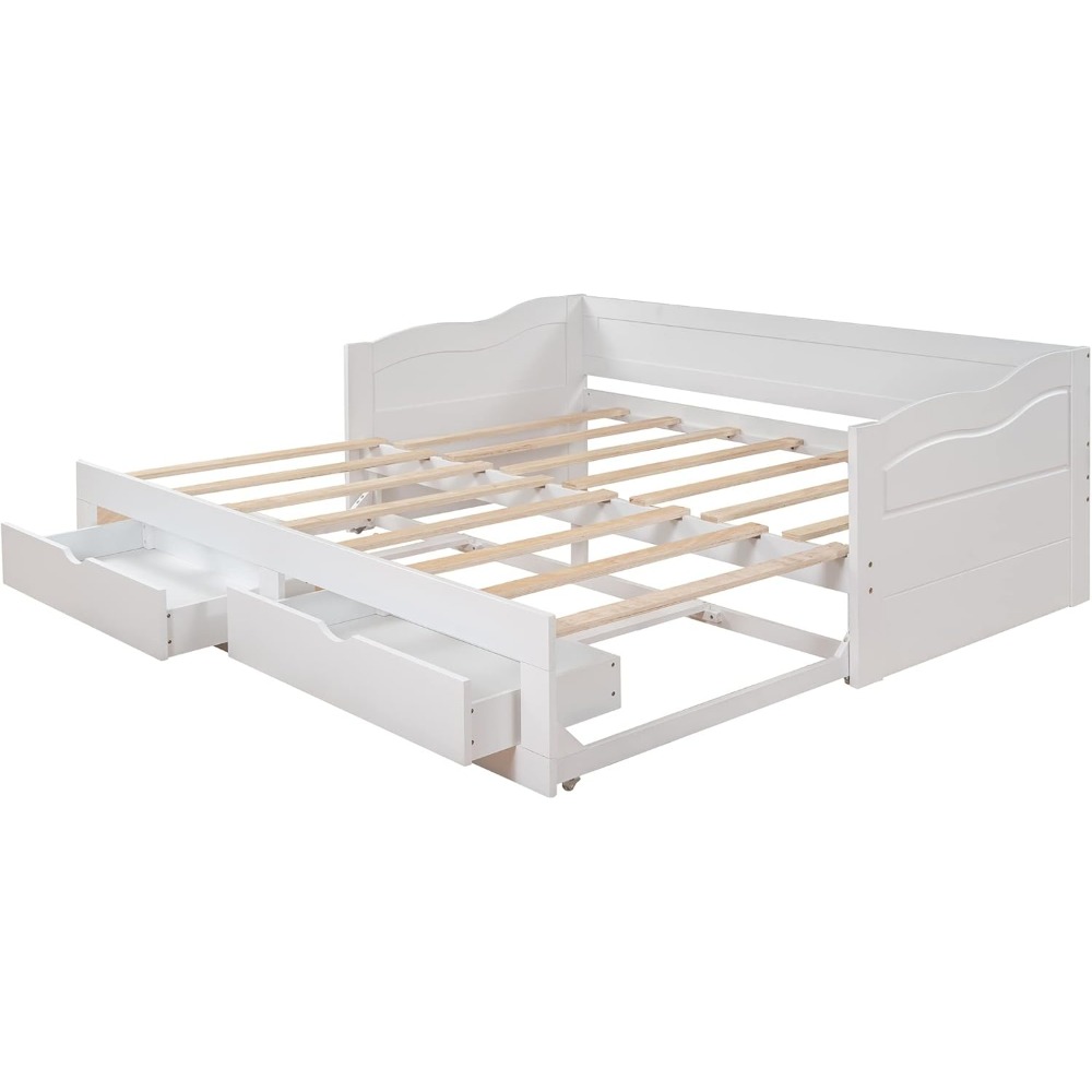 Harper & Bright Designs Twin Size Daybed with Trundle and 2 Drawers, Twin to King Extendable Daybed, Wooden Sofa Bed Frame for L