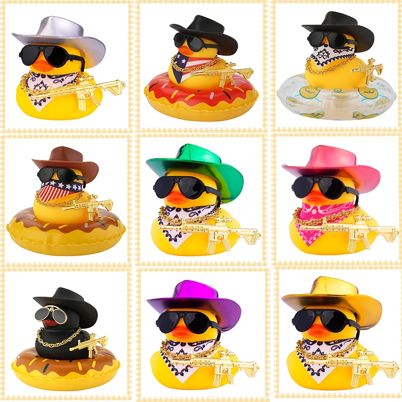Ornamentos de carro de pato de borracha decorações de painel de carro de pato para acessórios de carro legais com colar de chapéu de cowboy e óculos de sol