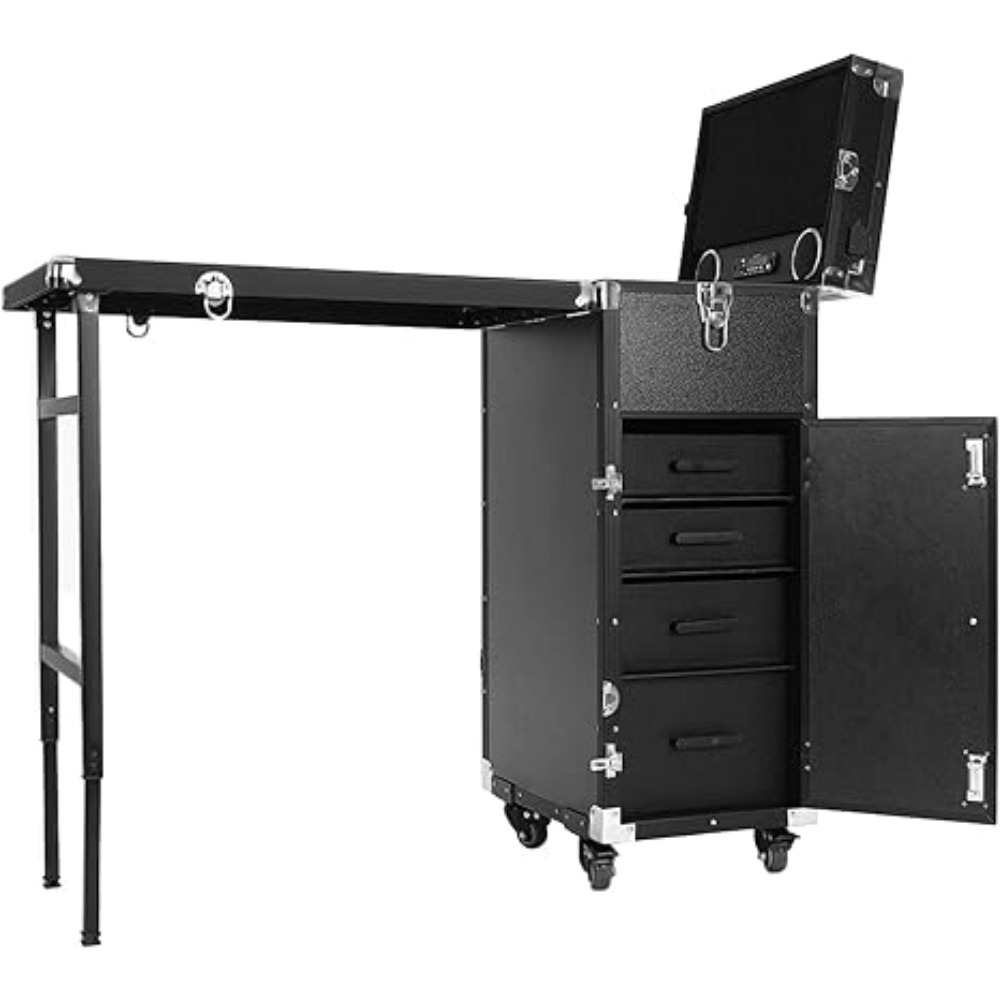 Professional Rolling Makeup Case, Foldable Nail Tables Travel Cosmetic Trolley Storage Organizer with 4 Drawers Mirror & Speaker