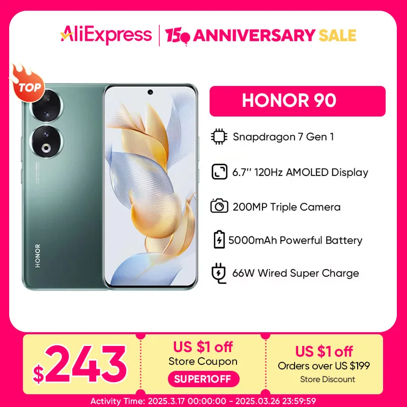 ใหม่ Global Version HONOR 90 5G 200MP Ultra-Clear กล้อง Snapdragon 7 Gen 1 5000mAh อายุการใช้งานแบตเตอรี่ 66W Supercharger 120Hz