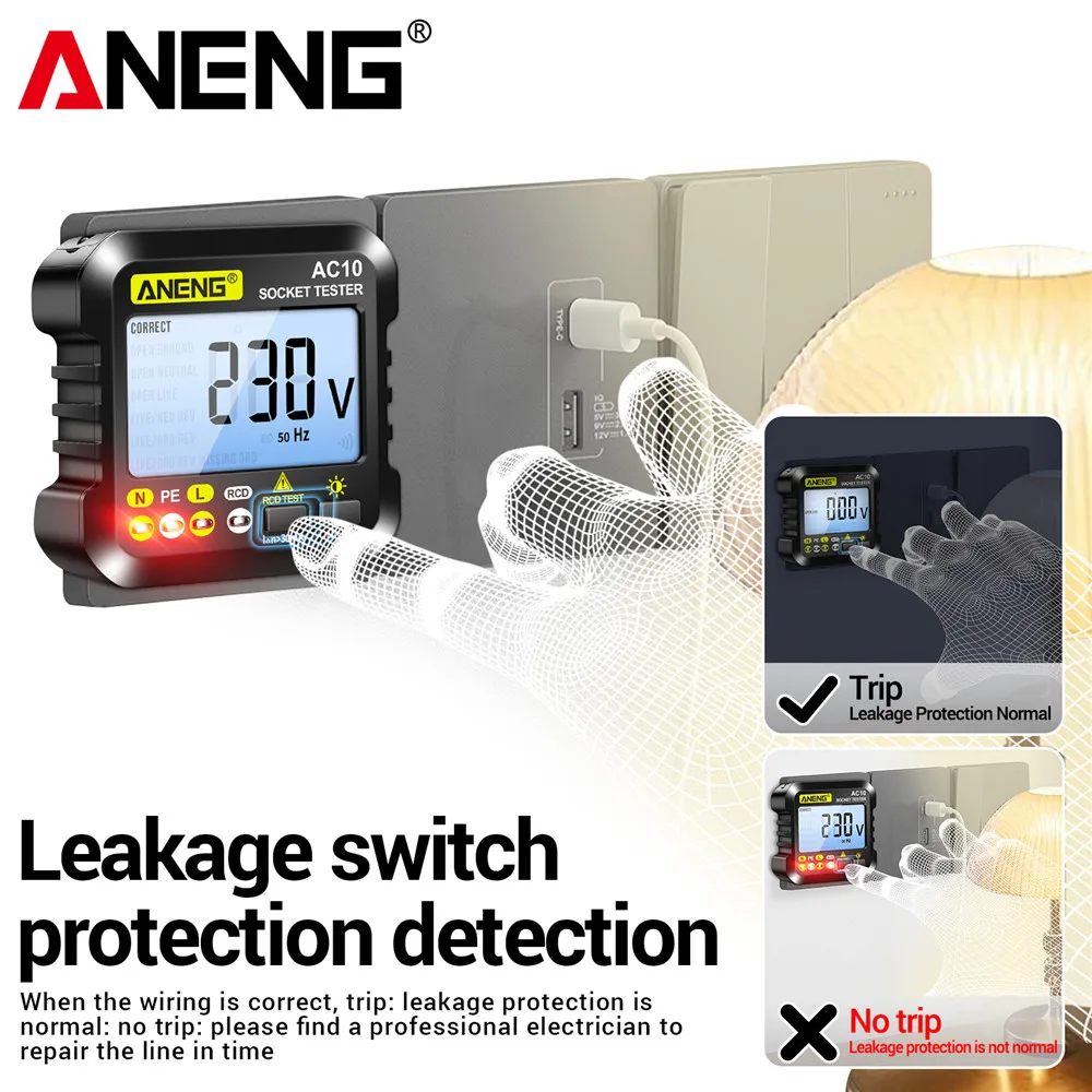 ANENG AC10 probador de enchufe Detector de enchufe enchufe de línea cero polaridad retención de fase Detector de fase enchufe de EE. UU./UE multímetro probador Digital