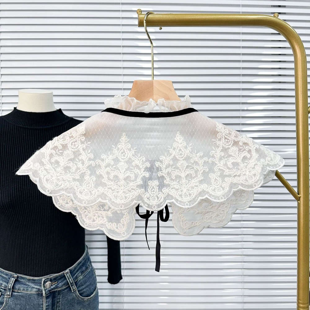 Colarinho frontal de renda feminino, bordado de organza, xale falso, gola de camisa destacável, moda
