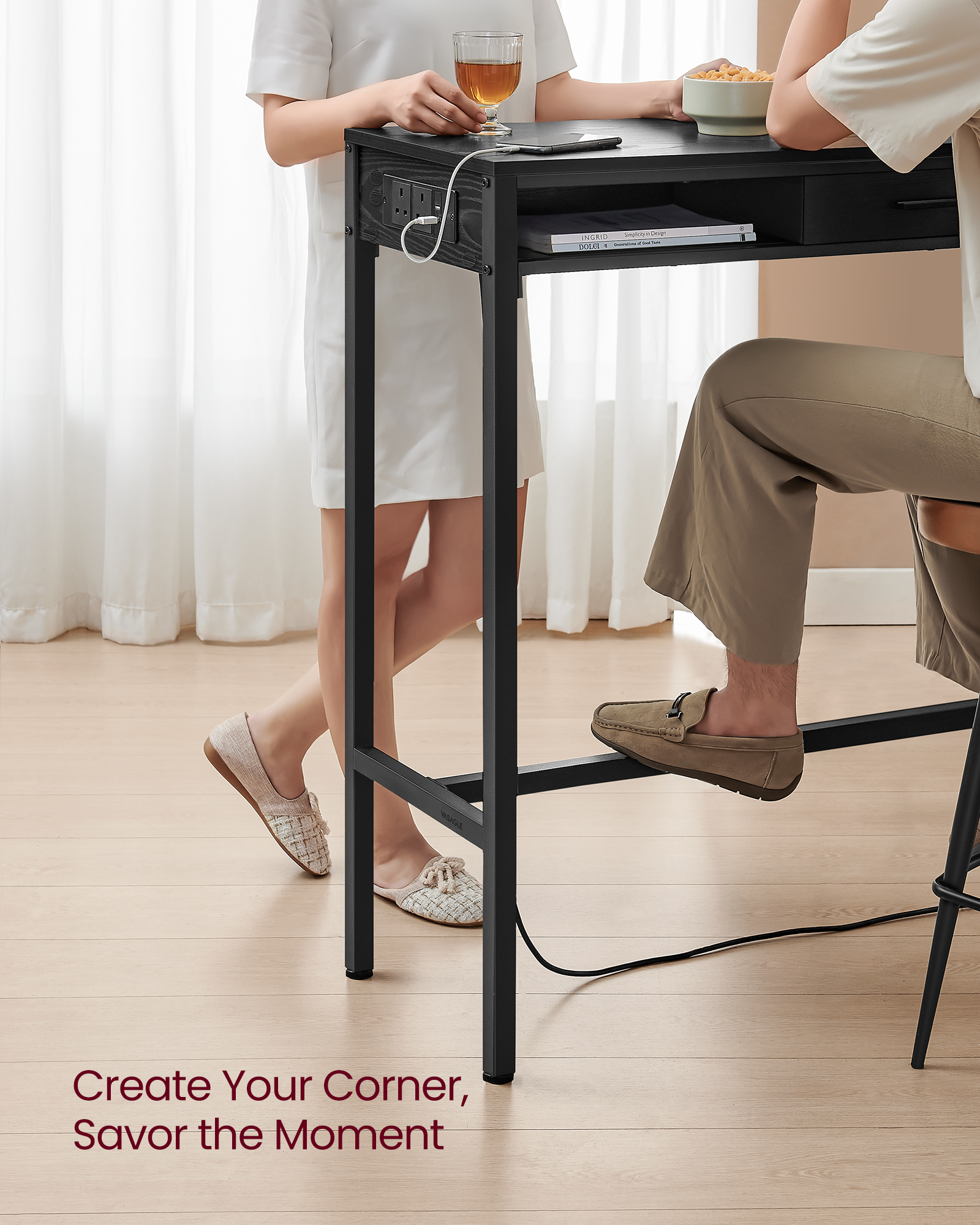 VASAGLE Bar Table, Pub Table with Charging Station and Movable Non-Woven Fabric Drawer, Hooks, 40 x 99.8 x 104.6 cm