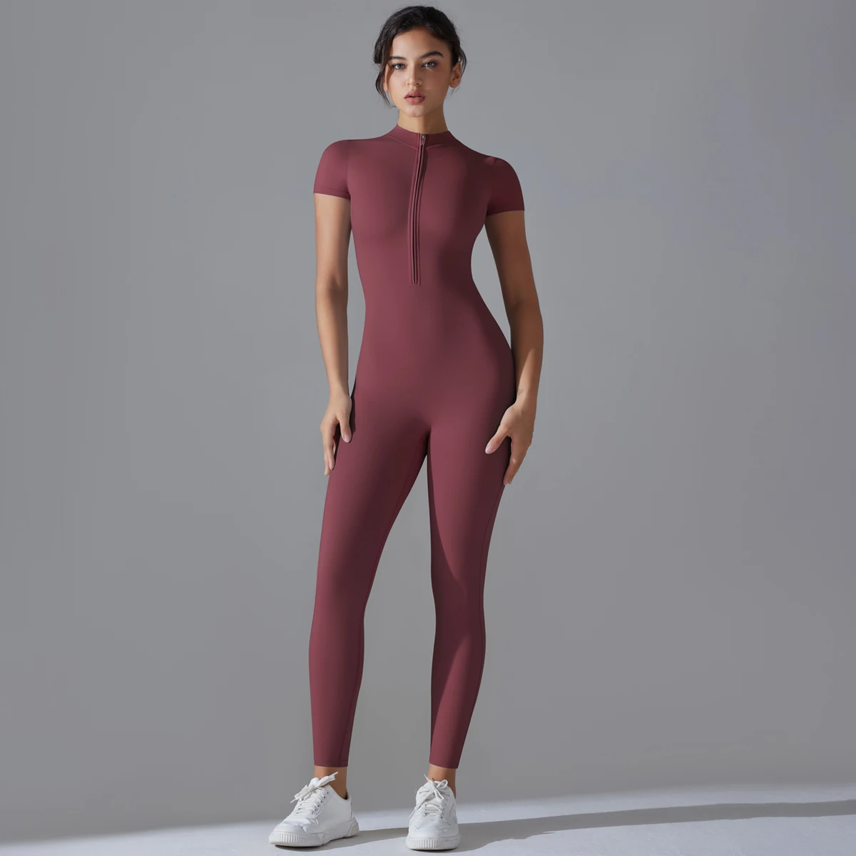 Bodysuit com zíper ioga para mulheres, manga curta, conjunto ioga, shapewear esportivo, cor sólida, nylon, roupa de ginástica, 1 pc